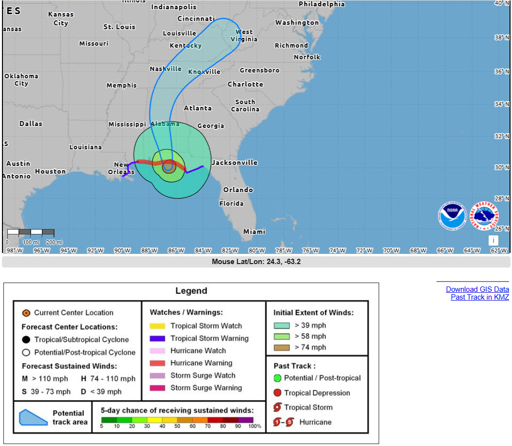 Hurricane Isaias Winds and Forecast Cone